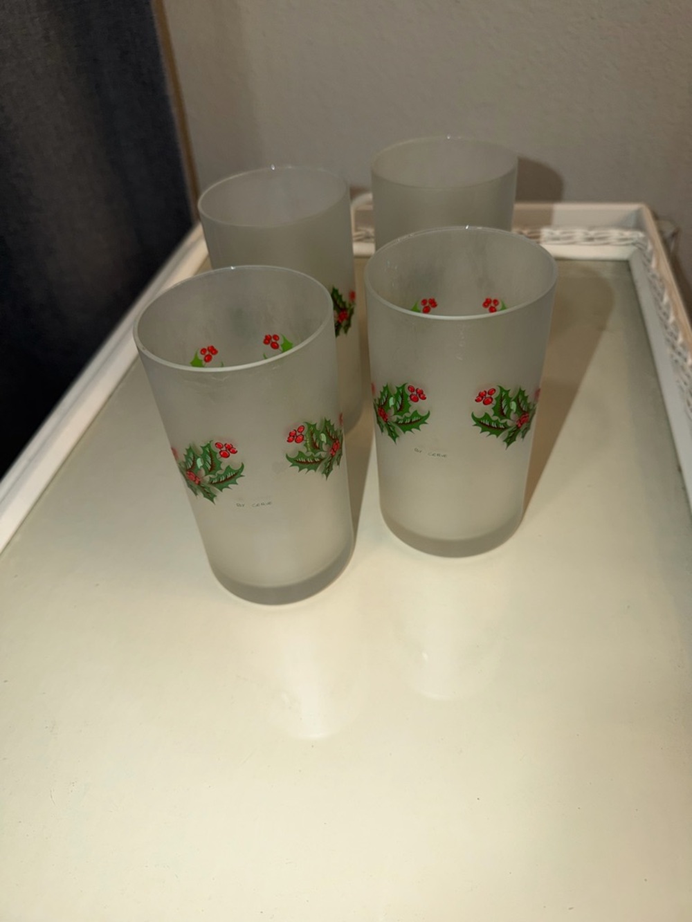 Vintage Cerve Italian Frosted Glass Tumblers with Holly Berry Design - Set of 4